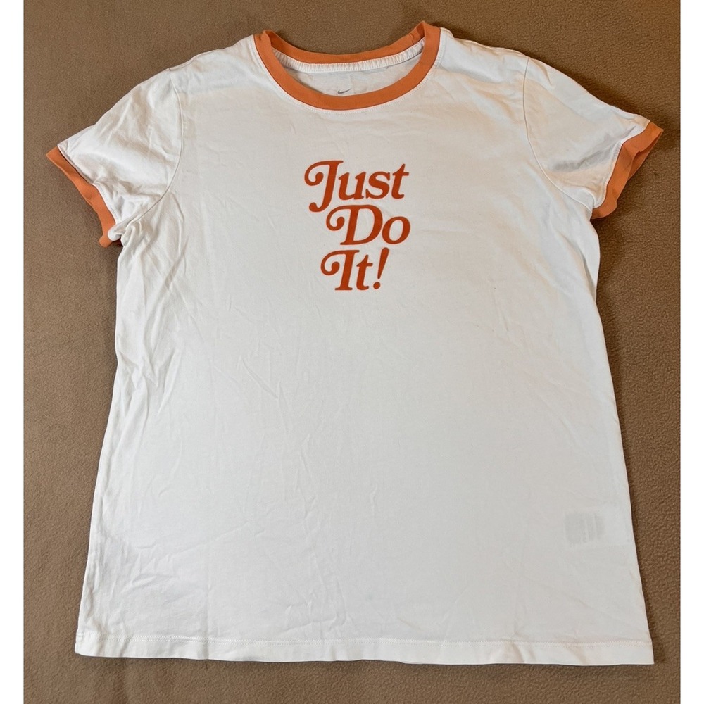 Nike Just Do It Ringer Tee White Orange Youth XL Retro Athletic Graphic Shirt